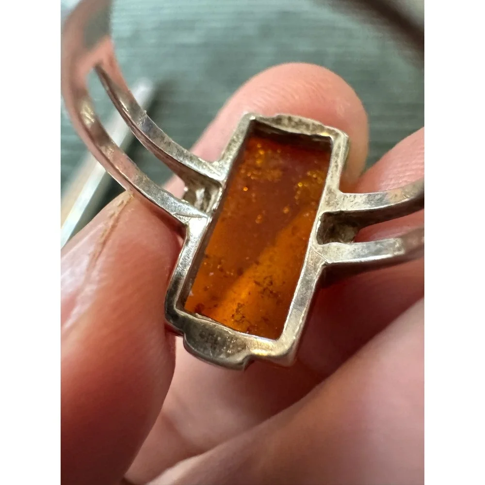 Sterling Silver 925 Amber Ring Statement Rectangle‎ Vintage Women Jewelry